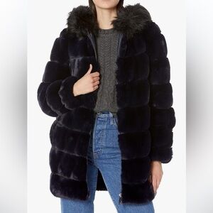 Calvin Klein Faux Fur Plush Dark Navy Hooded Zip Front Jacket NWT Sz Sm Ret $400